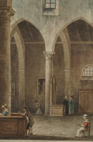 Interno di basilica con figure in preghiera