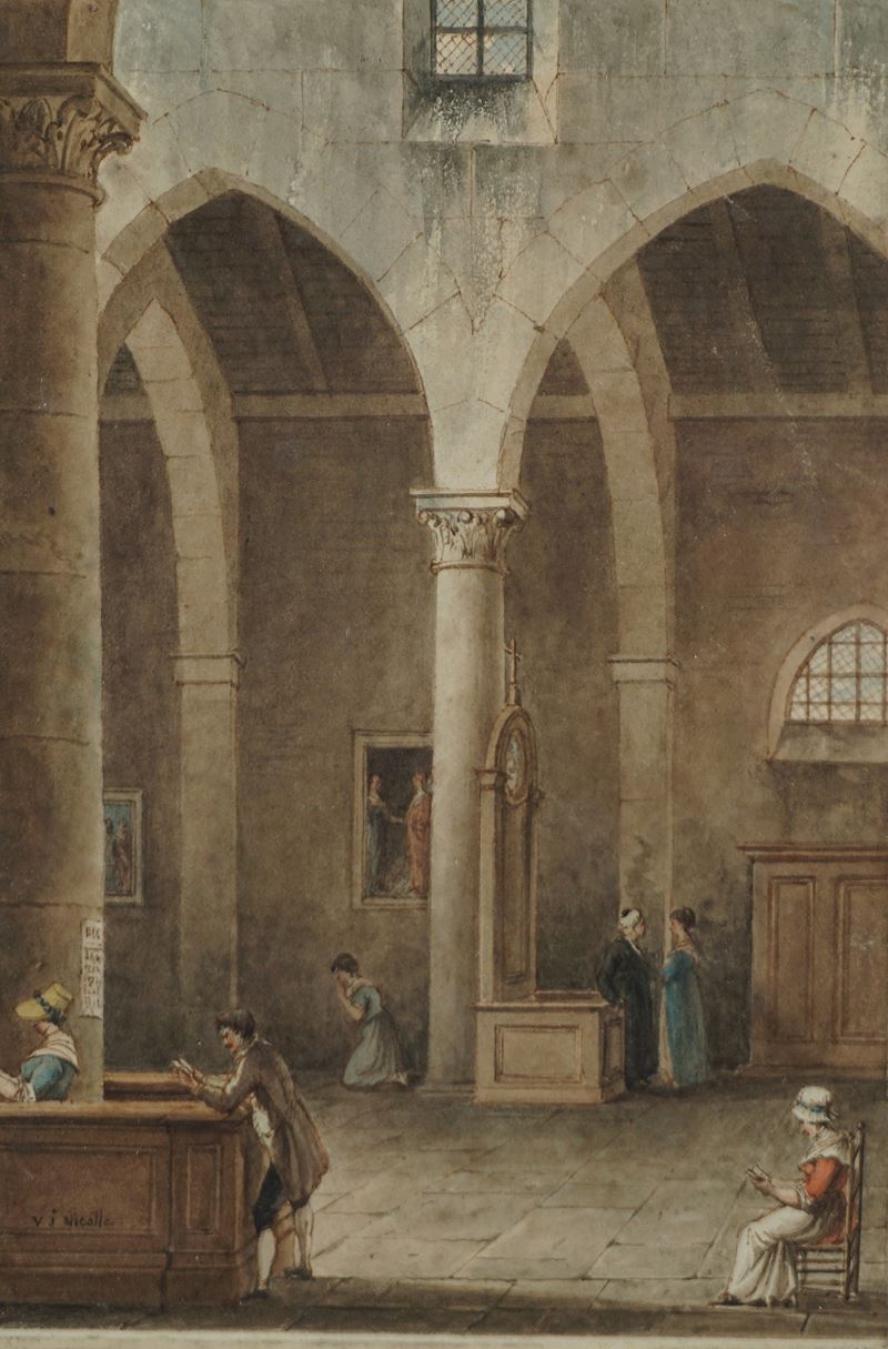 Interno di basilica con figure in preghiera