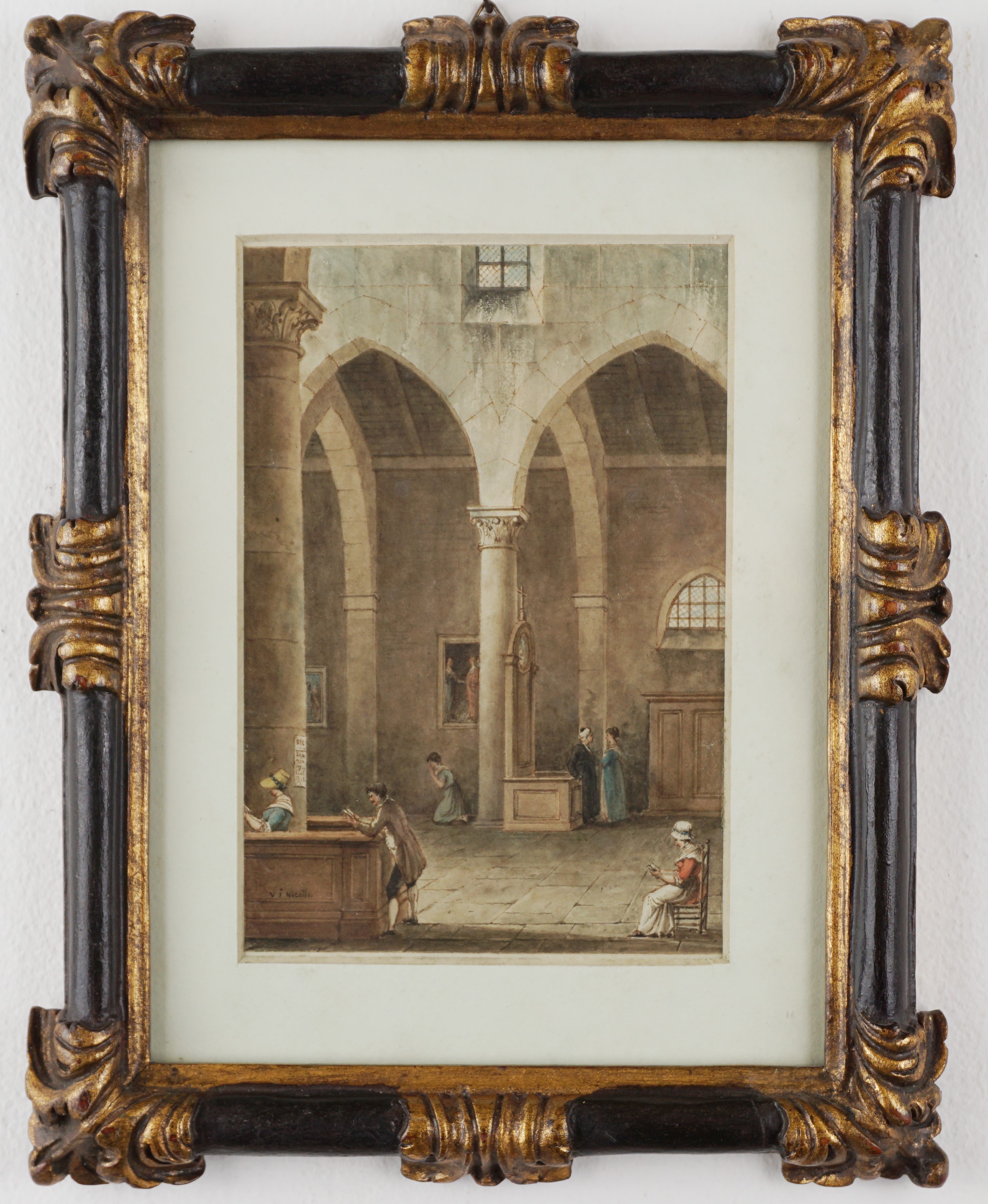 Interno di basilica con figure in preghiera