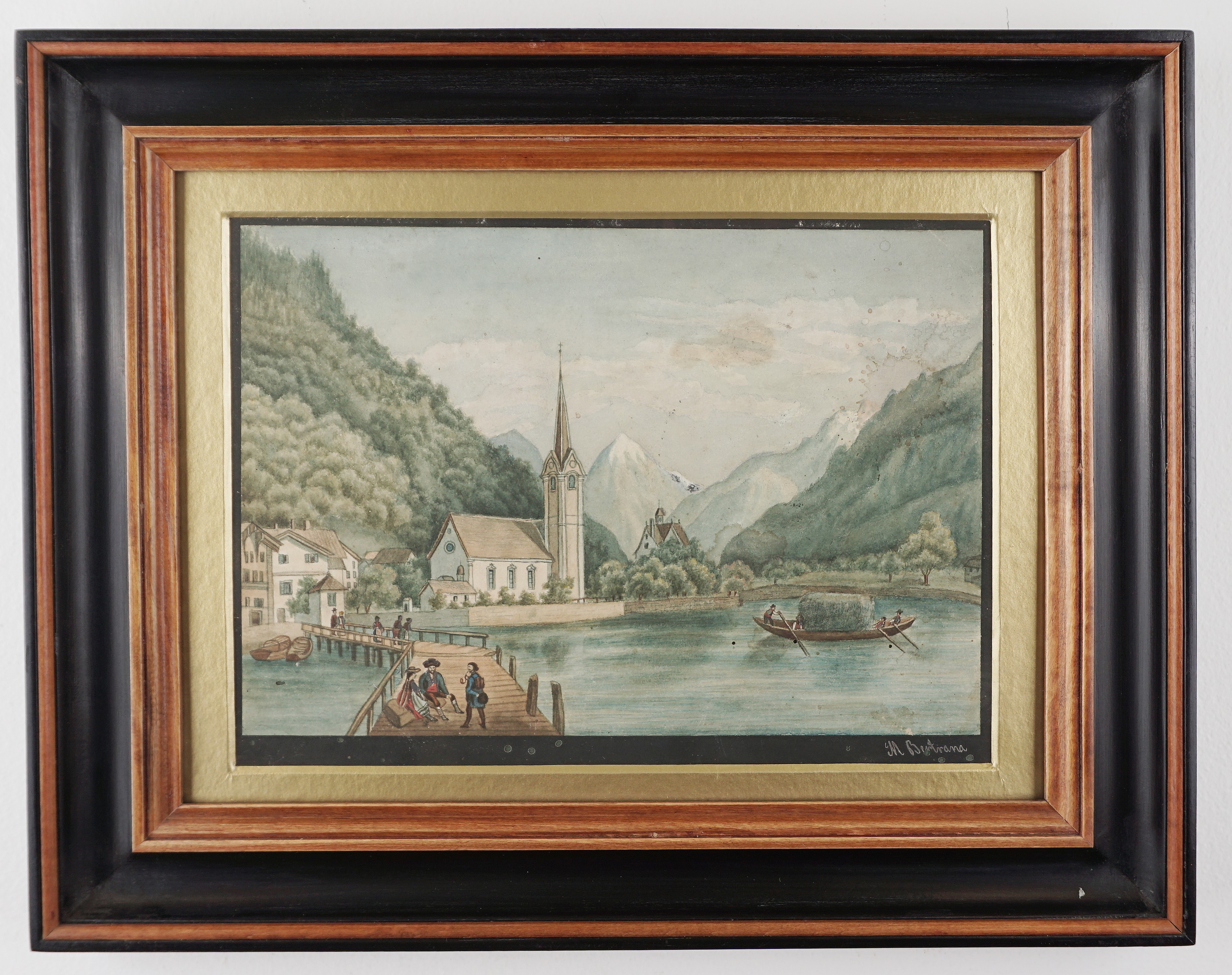 M. Bertrana - Paesaggio svizzero con lago e chiesa sullo sfondo, acquarello su carta