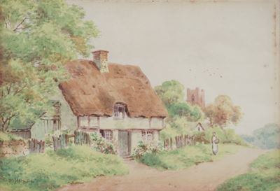 Inghilterra, Campagna inglese con cottage, acquarello su carta