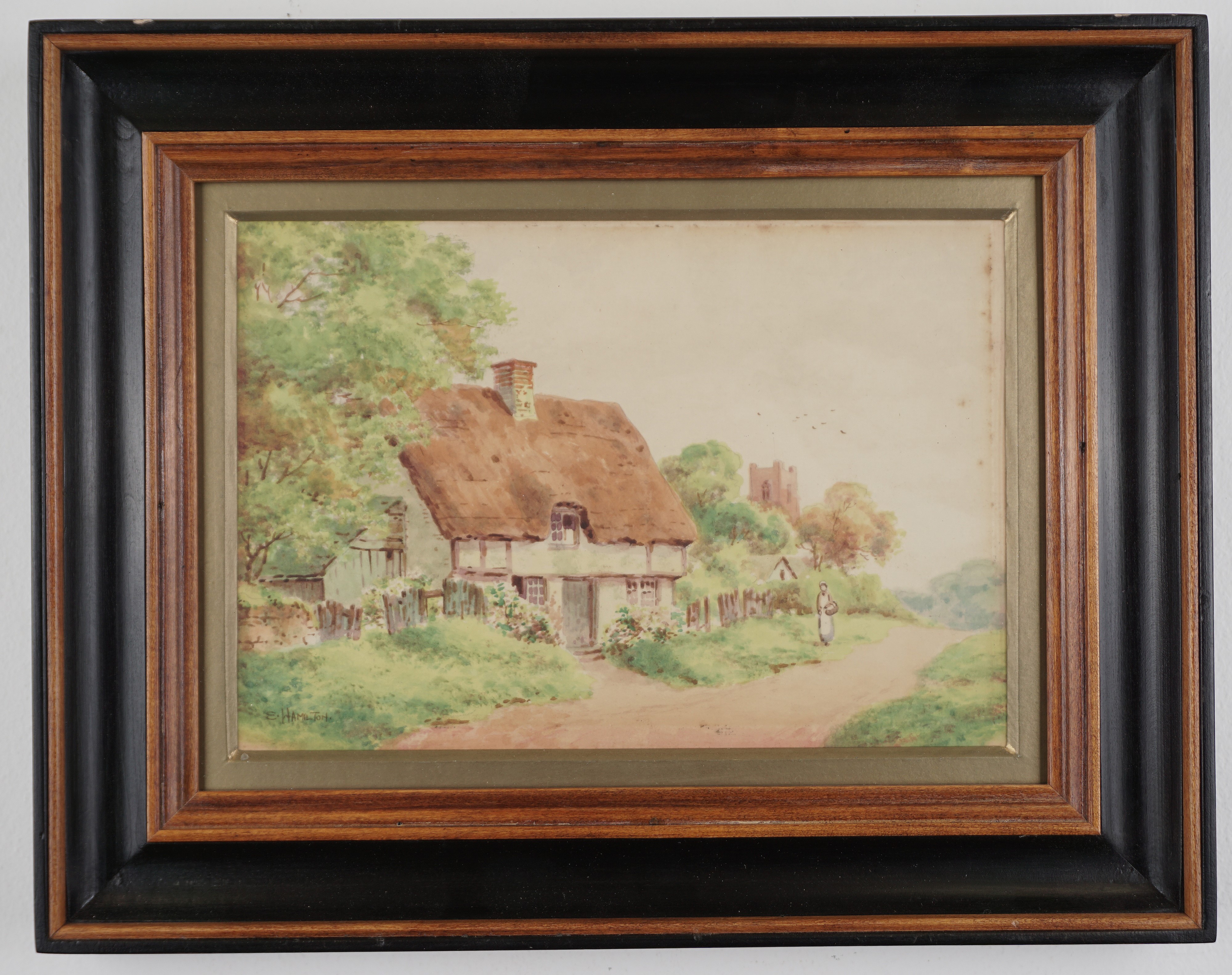 E. Hamilton - Inghilterra, Campagna inglese con cottage, acquarello su carta