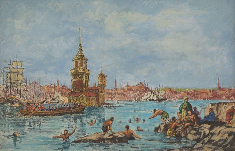 Veduta di Istanbul con bagnanti nel Bosforo