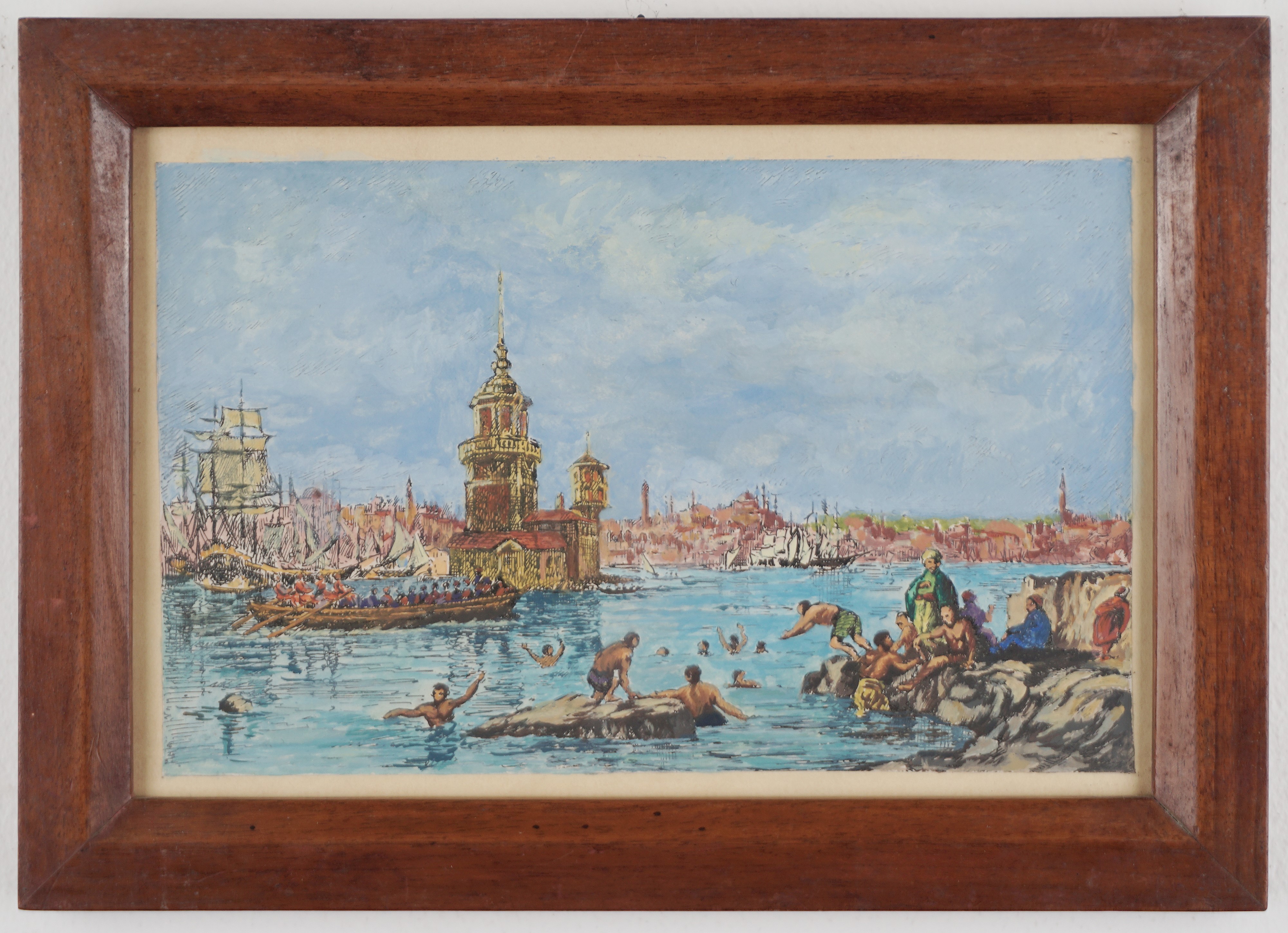 Veduta di Istanbul con bagnanti nel Bosforo