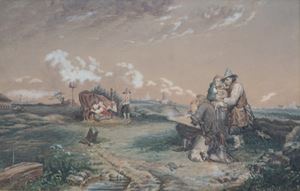 Paesaggio con contadini e ritratto di pittore