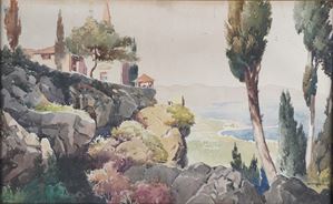 Paesaggio con casa e lago sullo sfondo