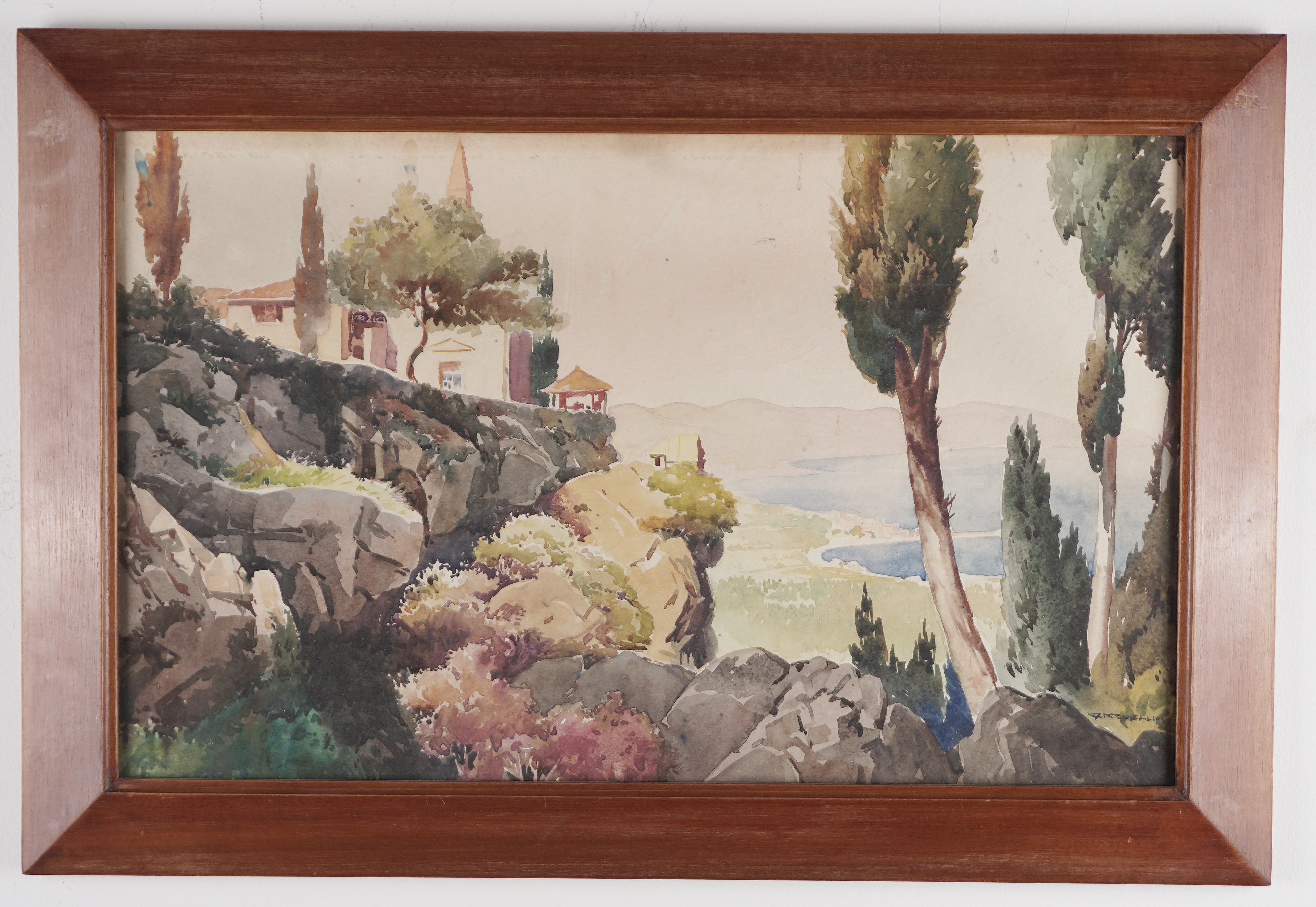 Paesaggio con casa e lago sullo sfondo