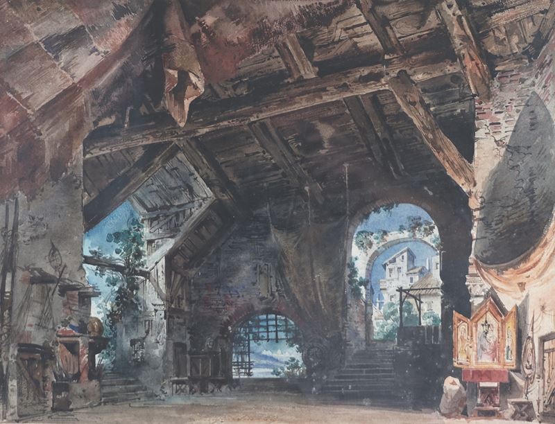 Interno rustico con piccolo altare votivo e caseggiato sullo sfondo