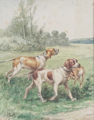 Coppia di cani da caccia con preda