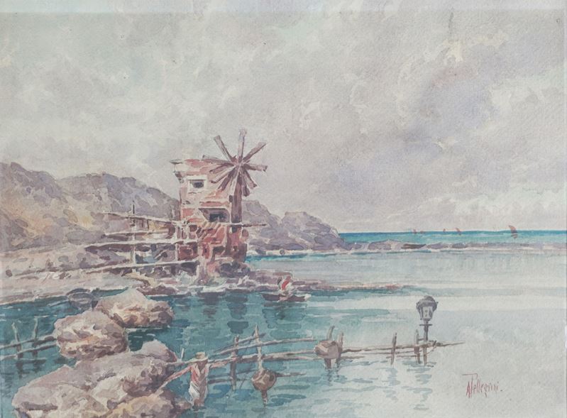 Paesaggio lacustre con pescatori e mulino a vento