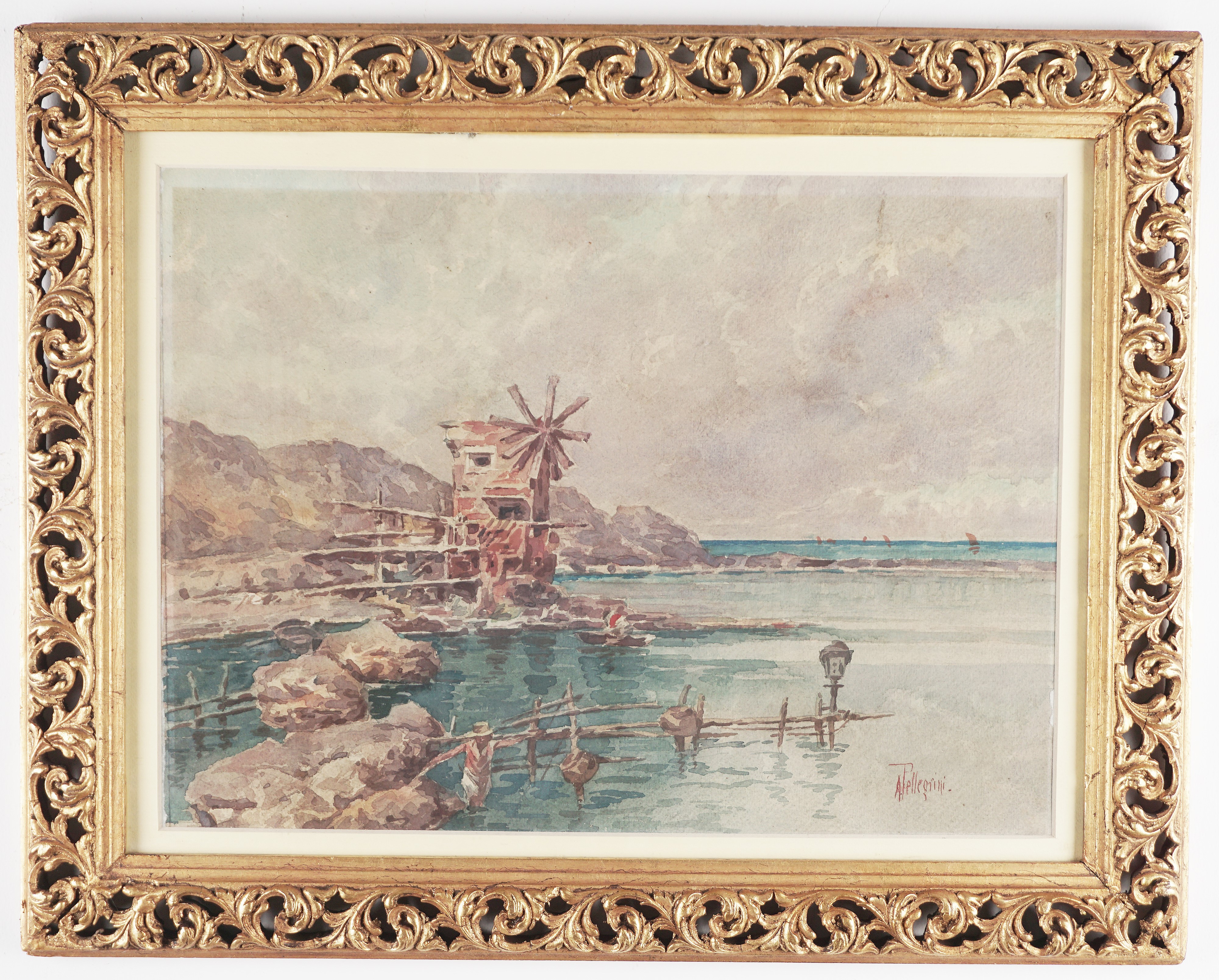 Paesaggio lacustre con pescatori e mulino a vento