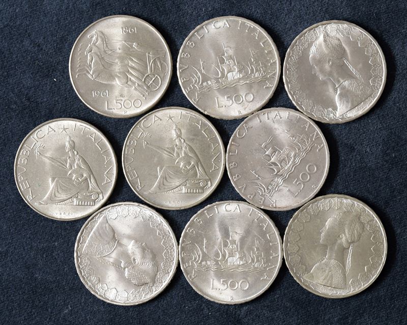 Lotto di 9 esemplari da 500 lire.