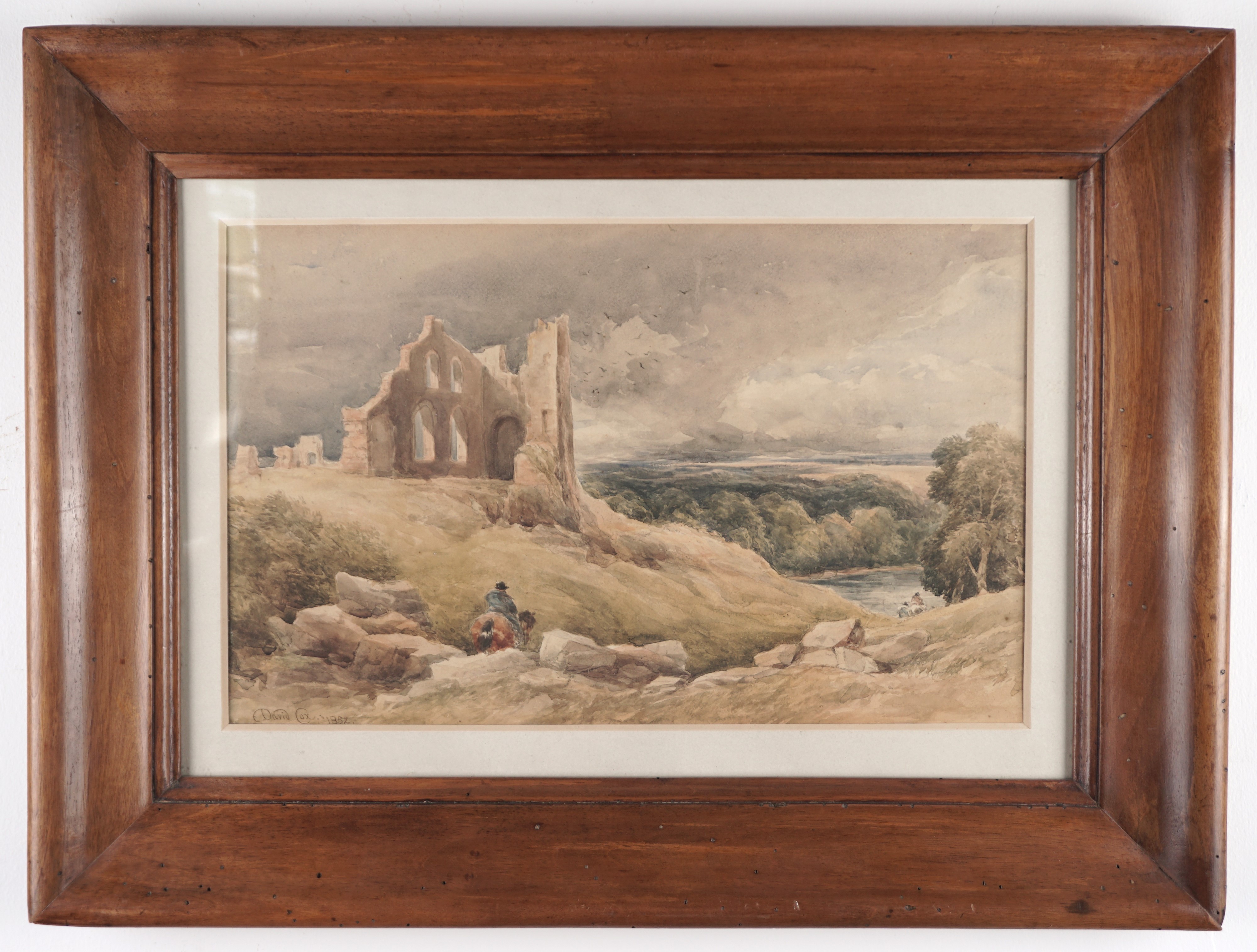 Scorcio di campagna inglese con viandanti e rovine
