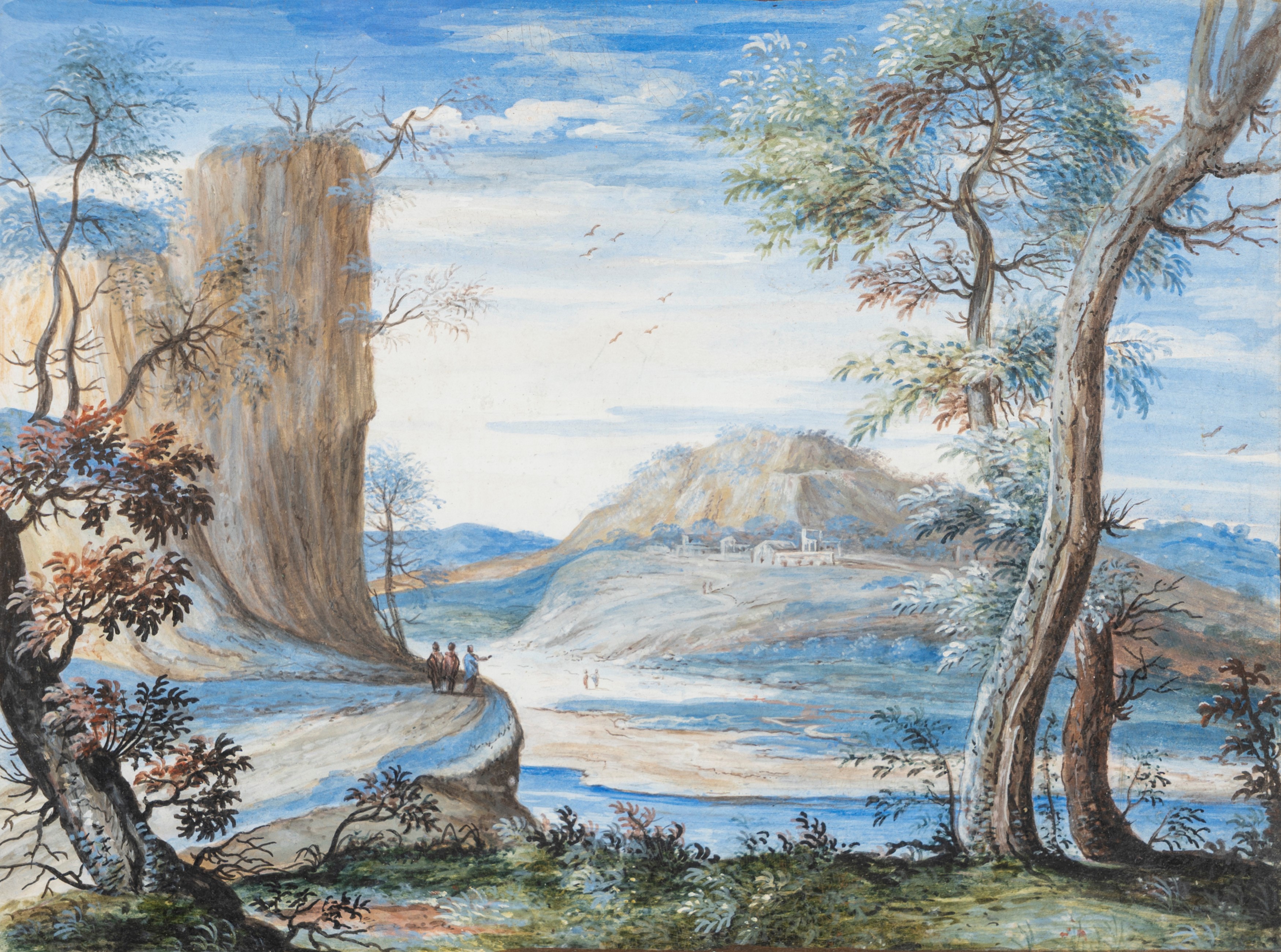 Paolo Anesi (roma 1697-1773) - Paesaggio fluviale con sperone roccioso e viandanti