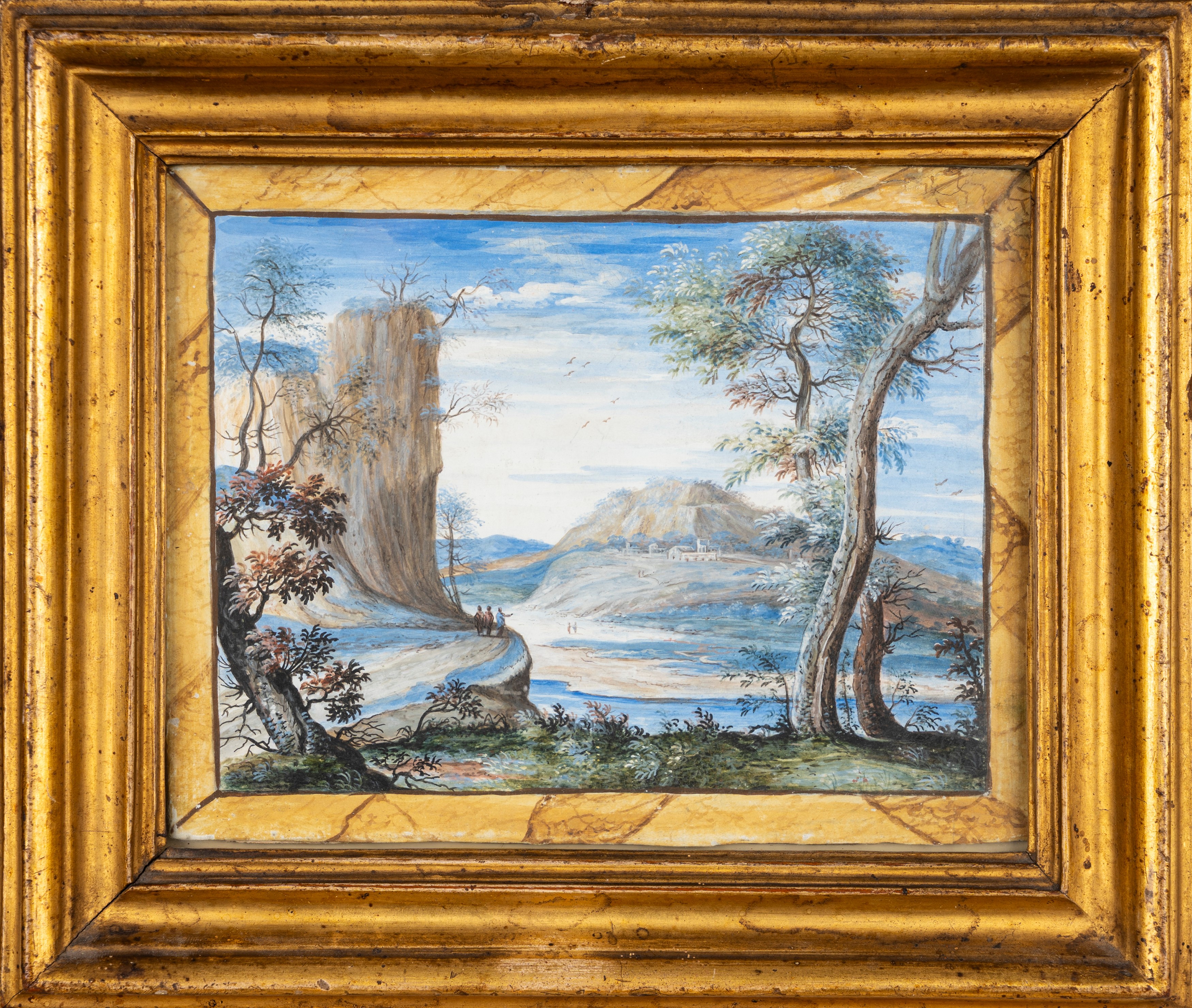 Paolo Anesi (roma 1697-1773) - Paesaggio fluviale con sperone roccioso e viandanti