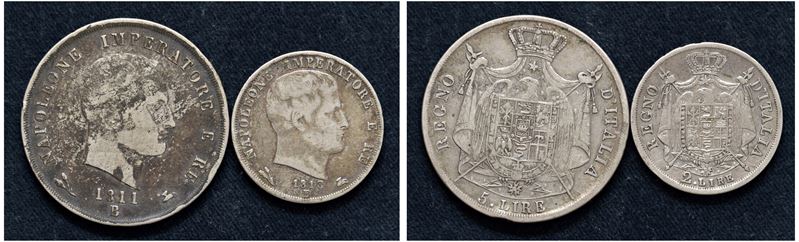 Lotto di due monete da 5 lire 1811 e 2 lire 1813, Bologna.