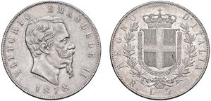 VITTORIO EMANUELE II (1861-1878) - 5 lire 1878, Roma.
