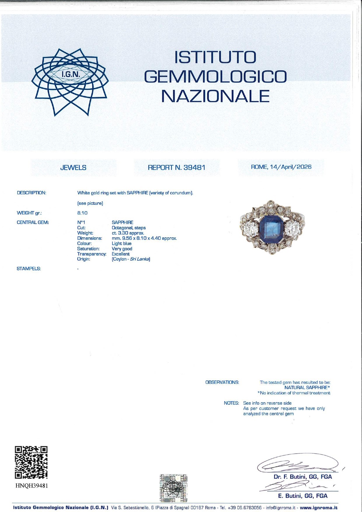 Anello con zaffiro in oro bianco 18k