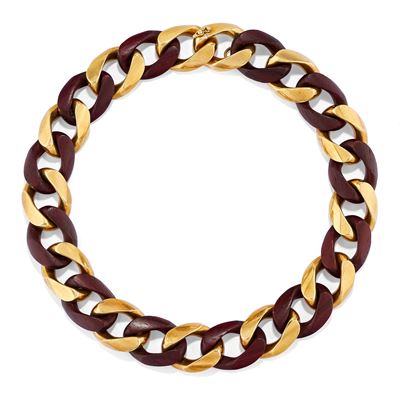Collana a maglie in oro giallo 18k e legno, firmata e punzonata