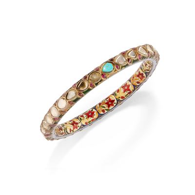 Bracciale rigido in oro giallo 22k con manifattura indiana, smalti policromi e gemme
