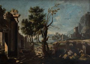 Paesaggio costiero con capriccio architettonico