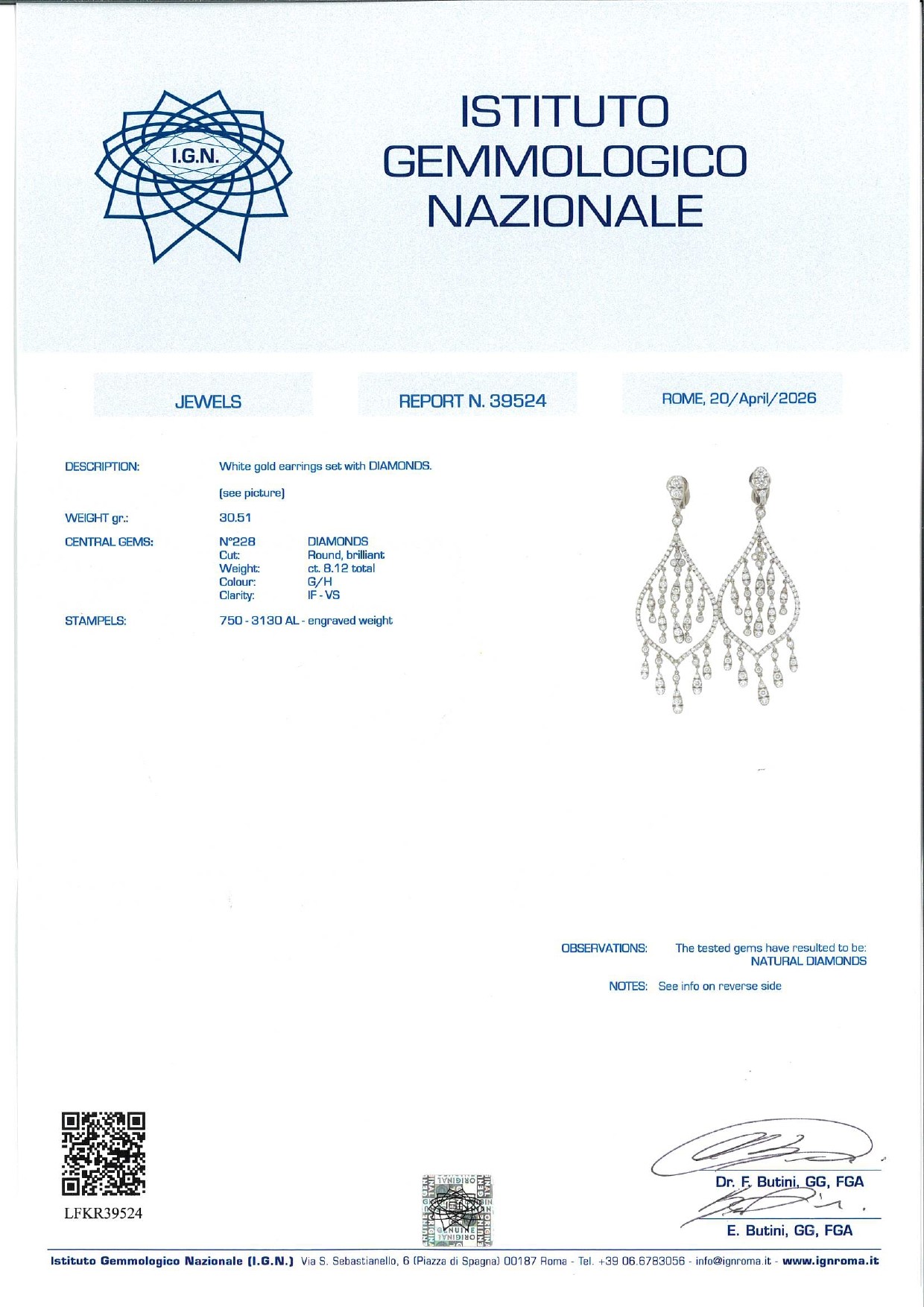 Orecchini pendenti con diamanti, in oro bianco 18k