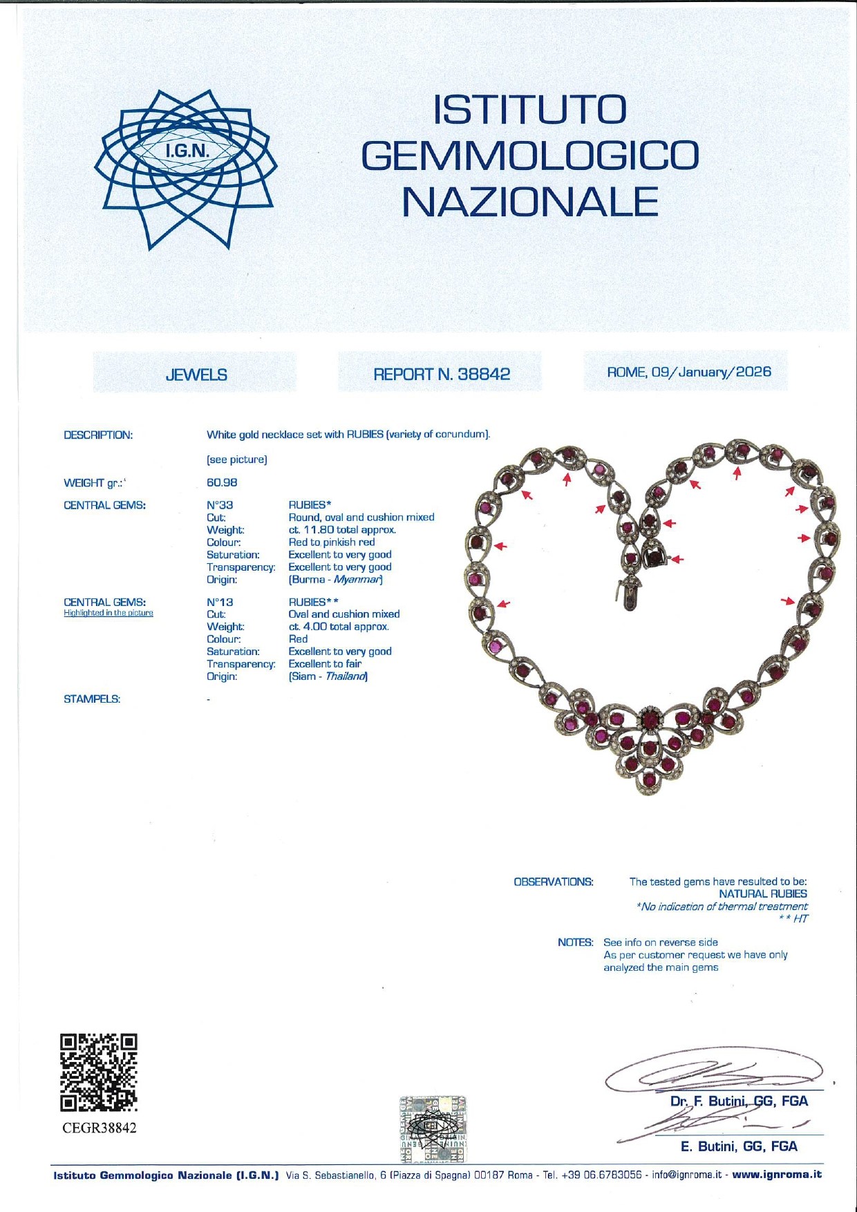 Collana a bavaglino con rubini Burma e Siam, diamanti, in oro bianco 18k