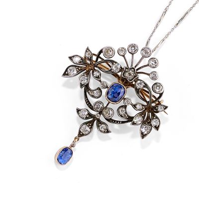 Pendente-spilla con zaffiri in oro giallo 18k e argento