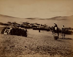 Sc&egrave;ne du desert: Arriv&eacute;e de chameliers &agrave; un campement de tribu