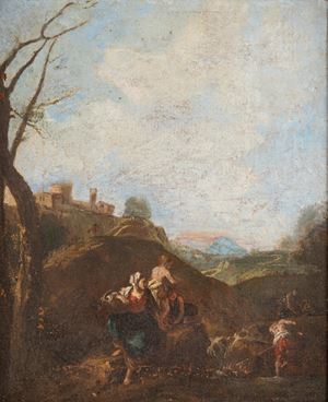 Paesaggio con famiglia di contadini presso un ruscello
