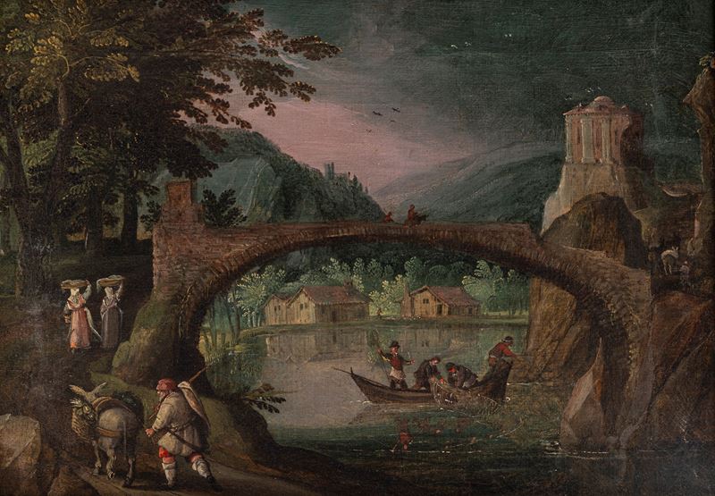 Paesaggio fluviale con viandante in primo piano