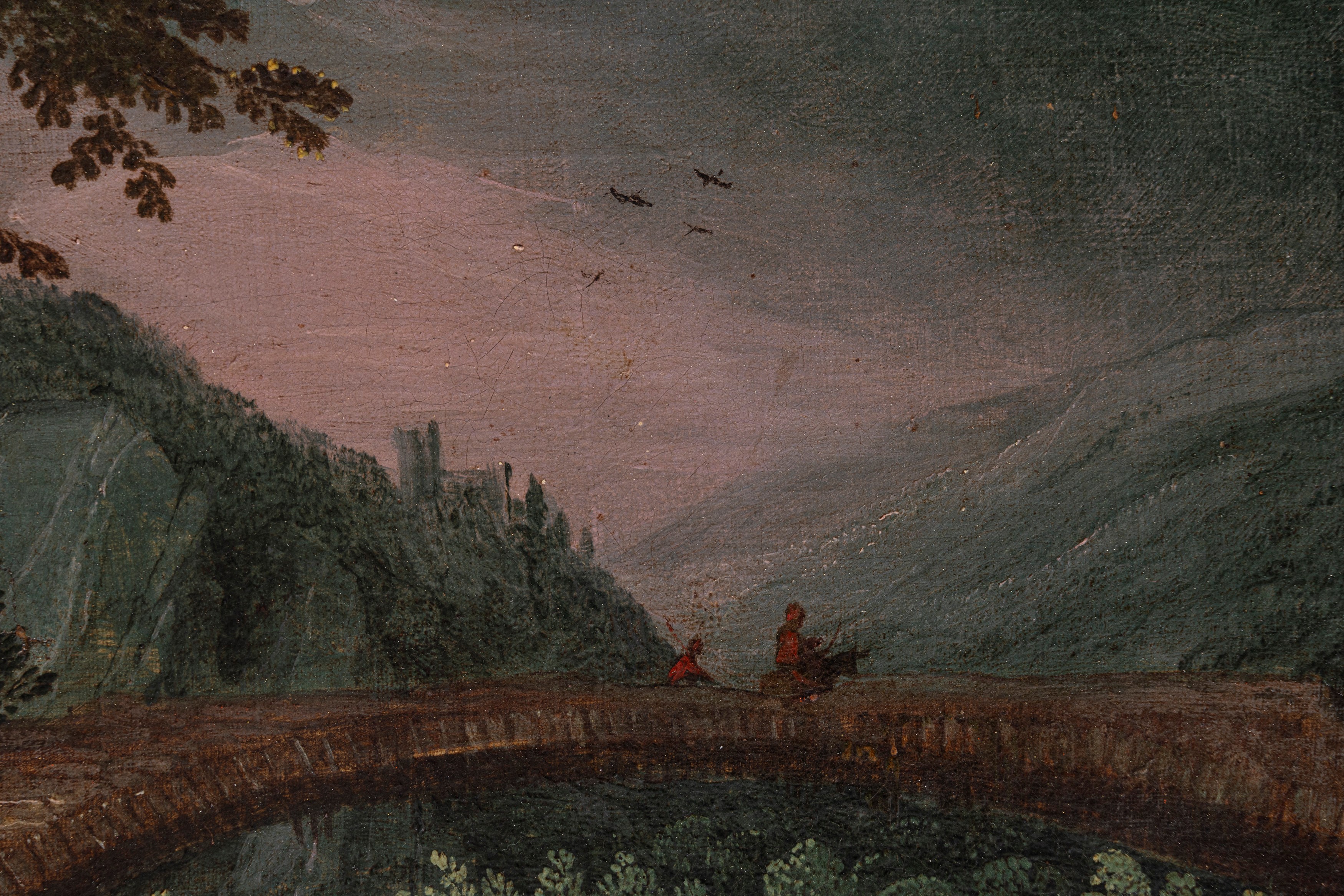 Paesaggio fluviale con viandante in primo piano