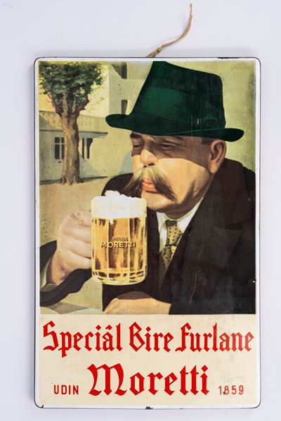 Tabella pubblicitaria, Birra Moretti, lamiera smaltata (anni 1950), 320×490 mm