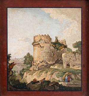 Views of the ruins of the Mausoleum of Cecilia Metella with figures in the foreground