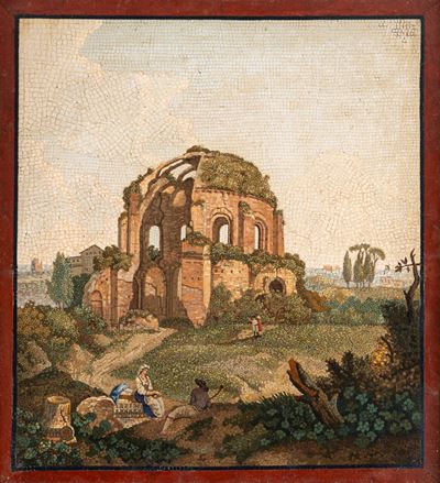 Scuola romana, Veduta del Tempio di Minerva Medica con figure in primo piano, micromosaico