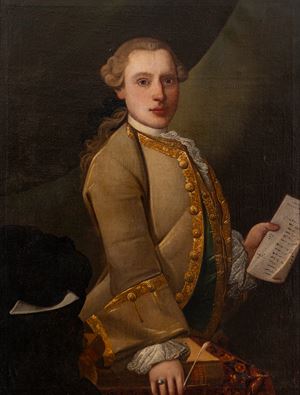 Ritratto di giovane gentiluomo a tre quarti di figura, con lettera in mano presso uno scrittoio