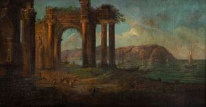 Paesaggio costiero con capriccio architettonico