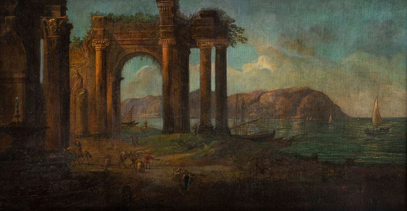 Paesaggio costiero con capriccio architettonico