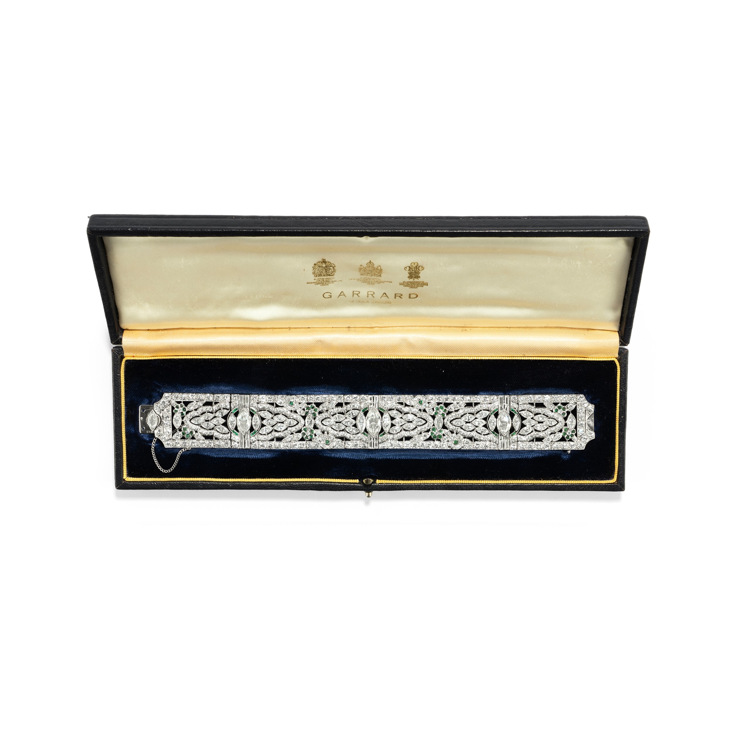 Bracciale déco, in platino e oro 18k con diamanti e smeraldi