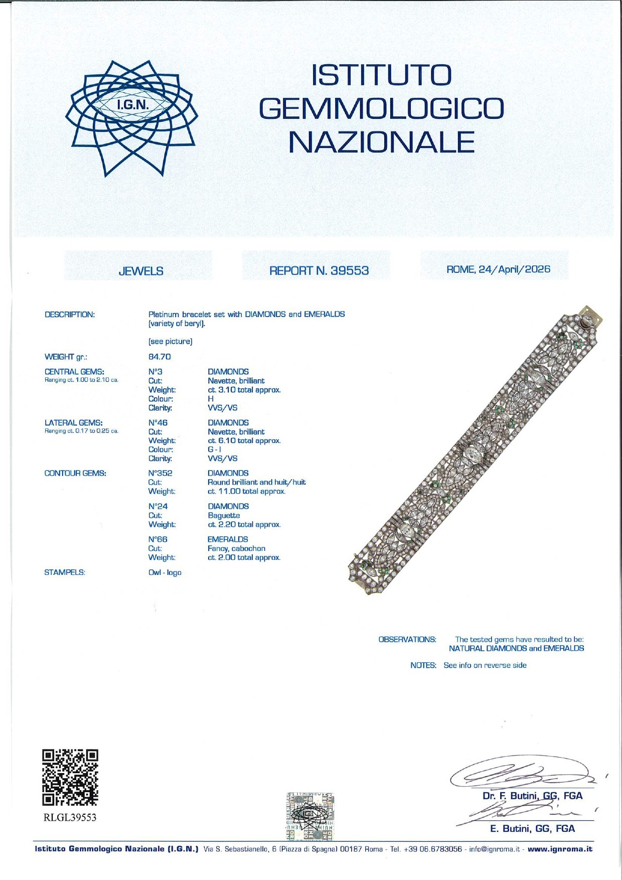 Bracciale déco, in platino e oro 18k con diamanti e smeraldi