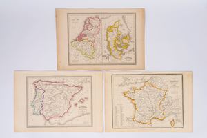 N. 3 geographical maps of FRANCE, SPAIN and PORTUGAL, HOLLAND and BELGIUM with DENMARK