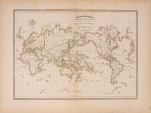 World map on the Mercator projection showing the routes followed by Diaz, Gama, Columbus and Magellan and their main discoveries