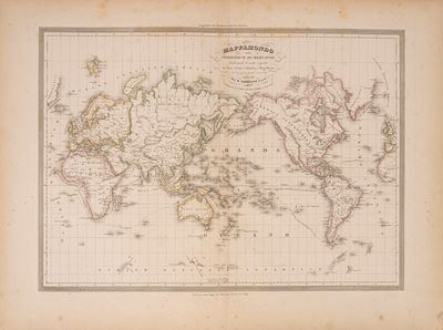 Mappamondo sulla proiezione di Mercatore, rotte di Diaz, Gama, Colombo e Magellano, carta geograf...