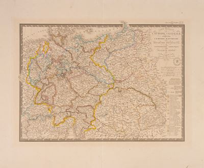 Carta generale dell’Europa centrale, incisione acquerellata, 1844