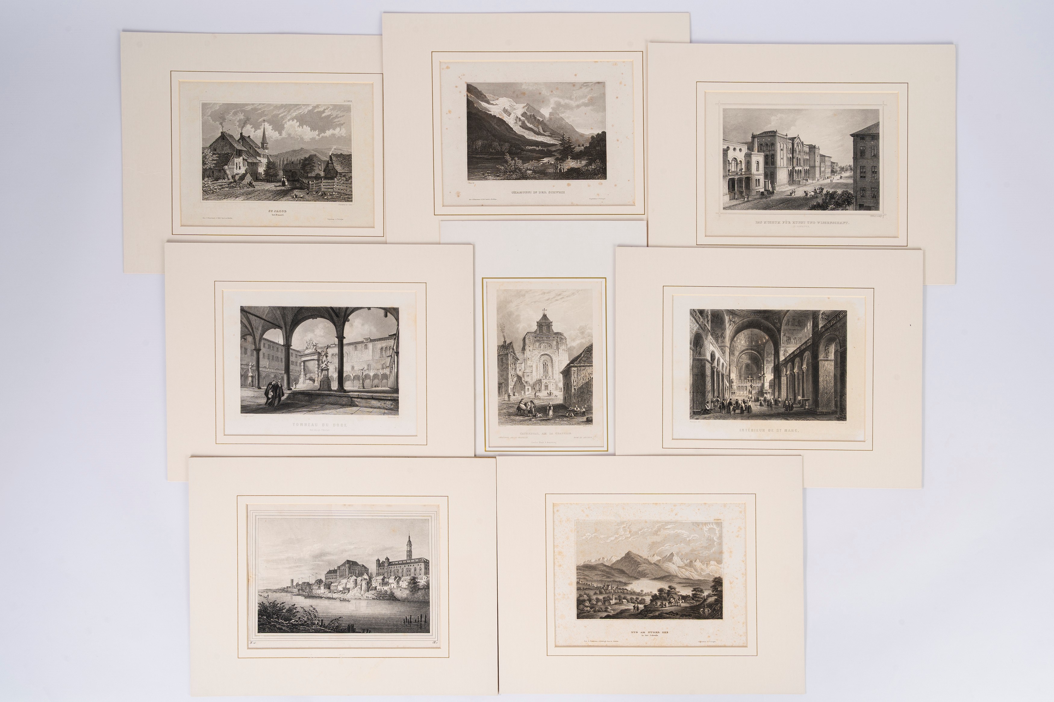 Insieme di 15 stampe incise ottocentesche di paesaggi, palazzi e interni (matrici in acciaio), 18...
