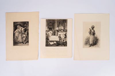 Gaucherel, Le Brachelet; Flameng, Marino Faliero; Beyle, Marocain, insieme di tre acqueforti (sec...