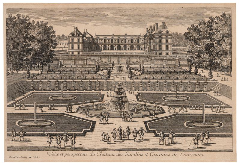 Veue et perspectiue du Chateau des Jardins et Cascades de Liancourt