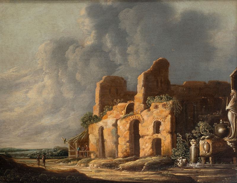 Paesaggio con rovine antiche e fontanile in primo piano