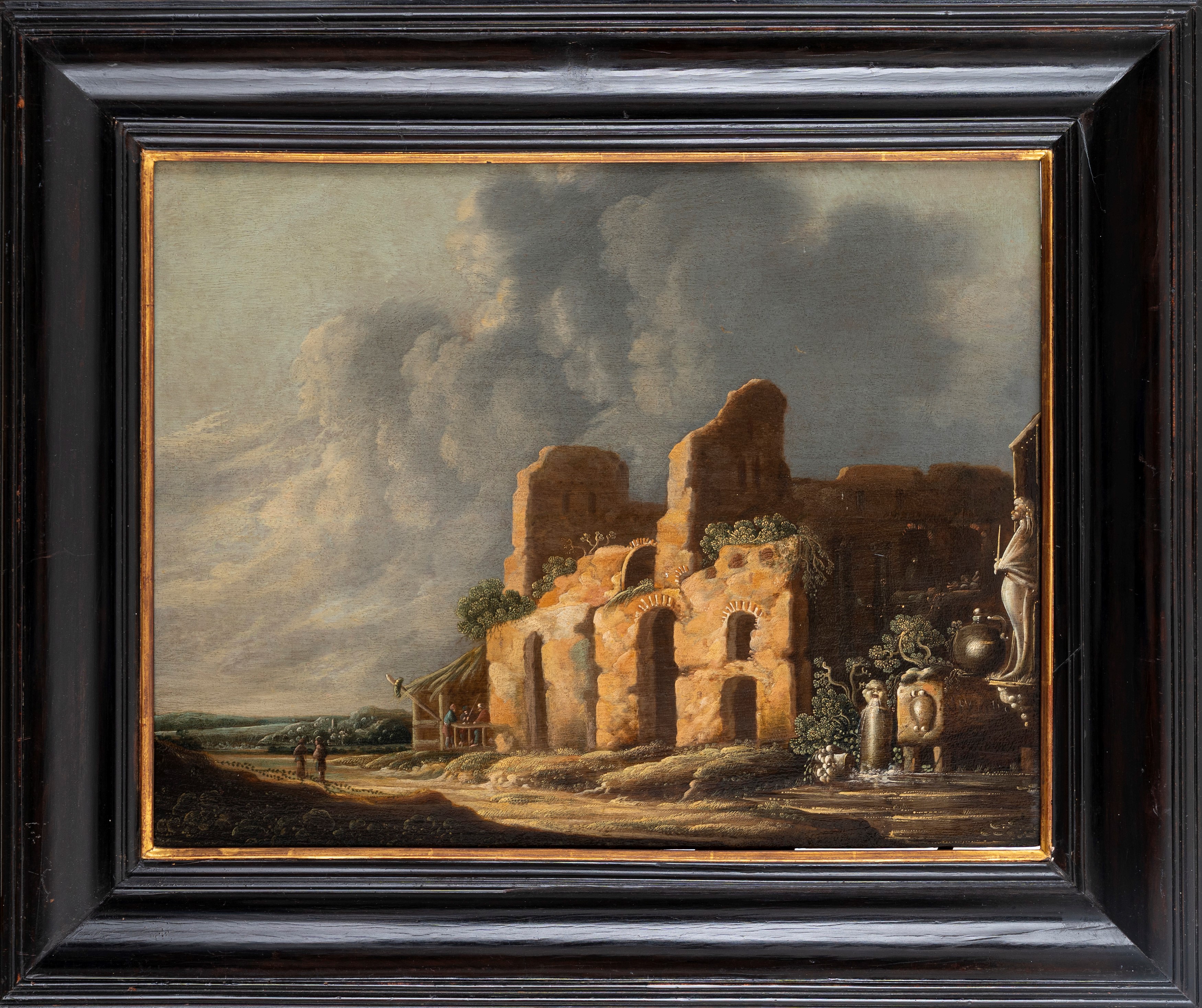 Paesaggio con rovine antiche e fontanile in primo piano