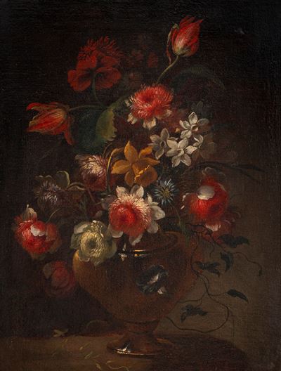 Scuola napoletana (XVII secolo), Peonie ed altri fiori in un vaso, olio su tela